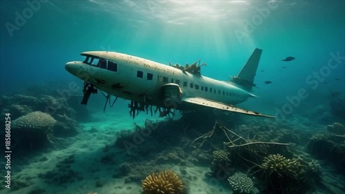 Wallpaper Mural Sunken airplane resting on a coral reef underwater with sunbeams filtering through the water ocean Torontodigital.ca