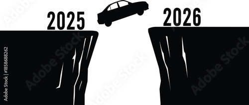 Black silhouette of car jumping over cliff gap from 2025 to 2026, concept of progress, new year transition, future success and business growth.
