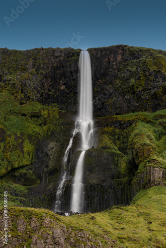 vertical view of the beautiful Bjarnafoss Waterfall on the Snaefellsnes Peninsula in western Iceland