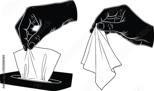 Black Silhouette Vector Illustration Set of Hands Pulling a Tissue from a Box and Holding a Used Tissue, Ideal for Health, Hygiene, Cold, Flu, and Allergy Themes.