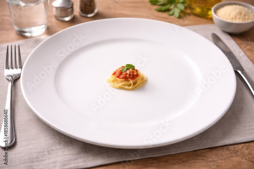 Wallpaper Mural Delicate Spaghetti Dish with Tomato Sauce Garnished with Basil on an Elegant White Plate Set on a Minimalist Table for Gourmet Dining Experience Torontodigital.ca