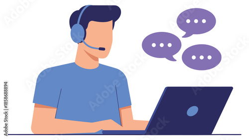 Customer support agent with headset working on laptop, online chat assistance and technical helpdesk service illustration isolated on white background