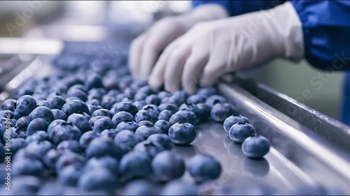 Blueberries on a conveyor belt in a food processing plant