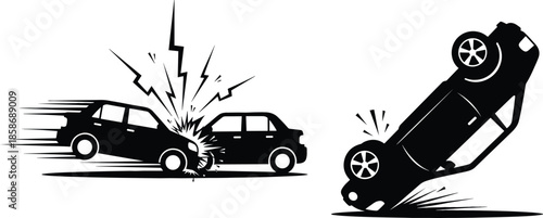 Black Silhouette Vector Set of a Head-on Car Collision and a Vehicle Rollover Accident, Representing Road Safety, Insurance, and Traffic Incidents.
