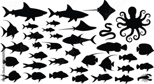 Large collection of black sea creature silhouettes including sharks, octopus, rays and tropical fish isolated on white background, marine life icons for design.