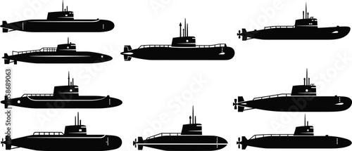 Military submarine silhouettes vector collection, underwater navy vessel icons, black maritime warship graphic elements, isolated ocean stealth boat design, naval marine technology,