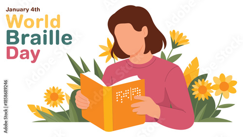 World Braille Day illustration showing a woman reading braille book, inclusive education and accessibility concept with decorative flowers