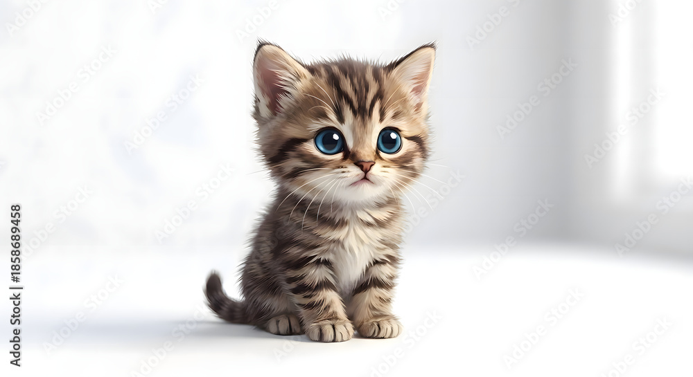 Fototapeta premium Ultra-Realistic Studio Portrait of an Adorable Blue-Eyed Tabby Kitten Sitting on a Clean White Background, Cute Baby Cat with Soft Fur and Expressive Eyes