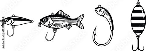 Set of black and white fishing lure icons featuring various artificial baits and hooks isolated on white background for angling equipment design.