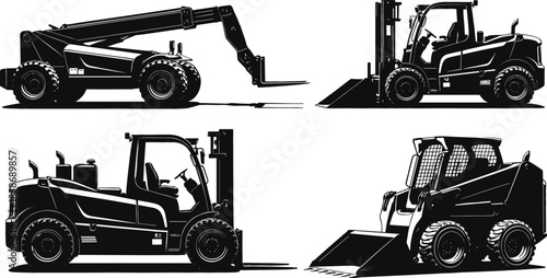 Black Silhouette Vector Set of Construction and Industrial Vehicles, Including Forklifts, a Telescopic Handler, and a Skid Steer Loader, for Heavy Machinery Themes.