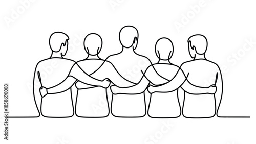 Continuous one line people standing together with arms around shoulders illustrating unity, friendship, teamwork and social support concept