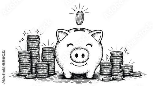 Happy Piggy Bank Surrounded by Stacks of Coins Symbolizing Savings and Financial Growth