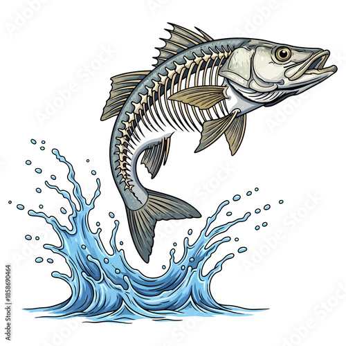 Jumping snook fish skeleton with blue water splash vector illustration