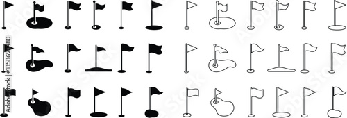 Golf Flag Flat Line Style Vector Icon Set, Course Marker Symbol Collection and Sports Outline Graphic Group Featuring Hole Flag, Pin Elements in Minimal Design