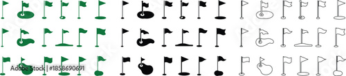Golf Flag Flat Line Style Vector Icon Set, Course Marker Symbol Collection and Sports Outline Graphic Group Featuring Hole Flag, Pin Elements in Minimal Design