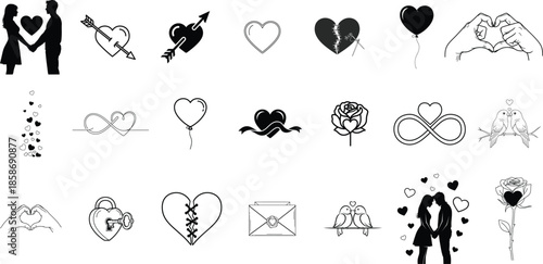 Collection of black and white heart and love themed clip art and icons