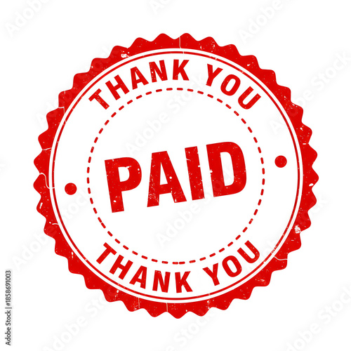 Red grunge stamp indicating payment confirmation and appreciation with thank you message displayed prominently around the paid text.