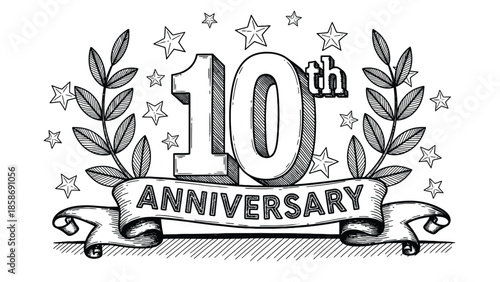 10th Anniversary Celebration Illustration With Laurel Wreath And Ribbon Banner