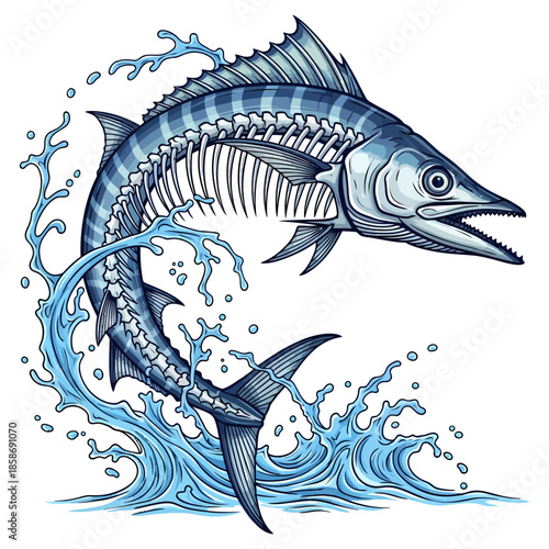 Wahoo fish skeleton jumping out of water blue splash illustration