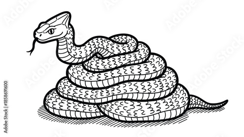 Coiled Snake Illustration: Black and White Line Art of a Serpent with Hooded Head