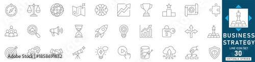 Premium business strategy line icon set featuring planning, analysis, growth, target, and leadership. High-quality editable thin outline vector elements for corporate and web design projects