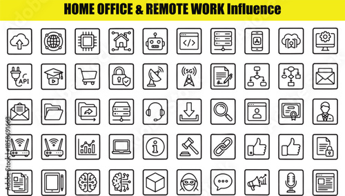 Collection of Home Office and Remote Work Icons in Outline Style cloud upload globe