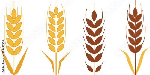 Colorful Vector Icon Set of Wheat and Grain Ears in Gold and Brown Tones, Representing Agriculture, Farming, Harvest, Baking, and Gluten Products.