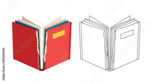 Illustration of an open red book with a yellow label and some torn pages presented in color and outline styles.