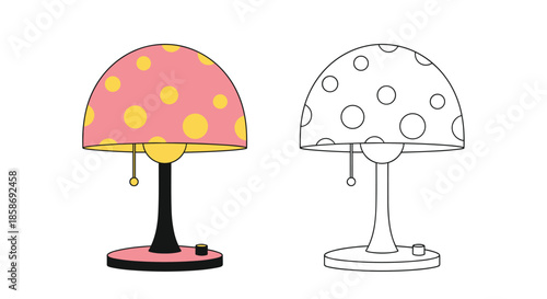 Stylish mushroom shaped desk lamp with yellow polka dots on a pink shade shown in colored and line art formats.