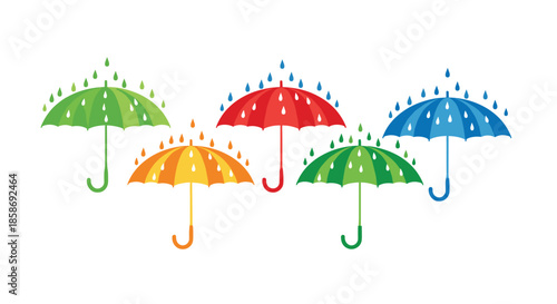 Collection of six vibrant umbrellas in green orange red and blue colors featuring falling raindrops on a white background.