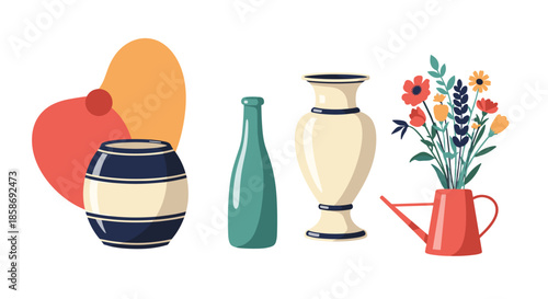 Assorted collection of decorative vases and a red watering can filled with a beautiful variety of garden flowers.