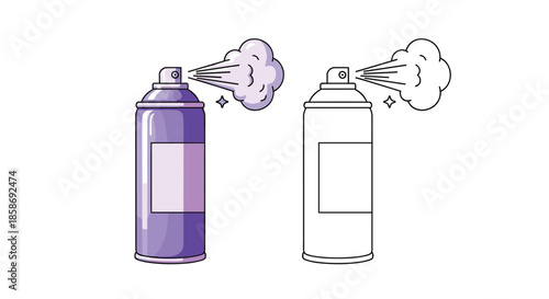 Purple spray paint or cleaning can releasing a cloud of mist shown in both colored and black and white line art versions.
