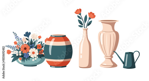 Artistic still life arrangement of a floral bowl various vases and a small watering can in soft muted color tones.