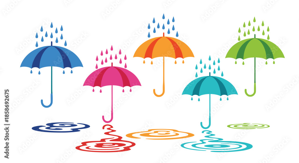 Obraz premium Group of five colorful umbrellas in shades of blue, pink, orange, and green under falling rain with matching puddles.