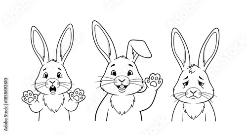 Three cute cartoon bunny rabbits showcasing a variety of emotions including shock, happiness, and sadness in a black line art style.
