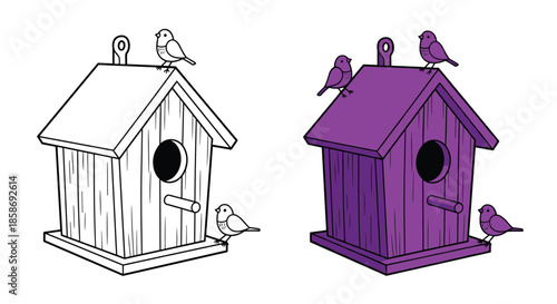 Wooden birdhouses with three birds perched on them presented in a vibrant purple color and a black and white line art version.