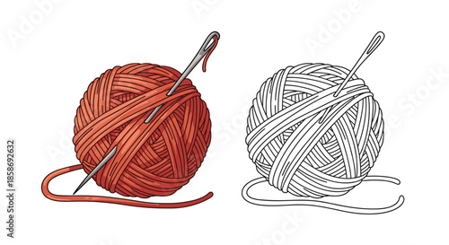 Large ball of vibrant red yarn with a silver sewing needle tucked inside shown next to a black and white line art version of the same.