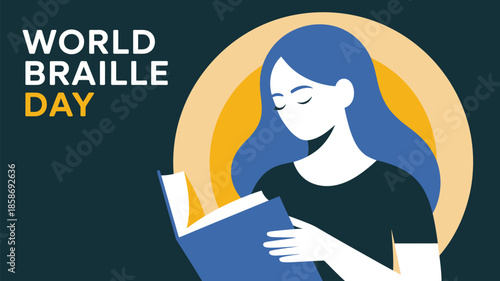 World Braille Day illustration showing woman reading braille book for accessibility awareness, education and inclusion concept in modern flat style