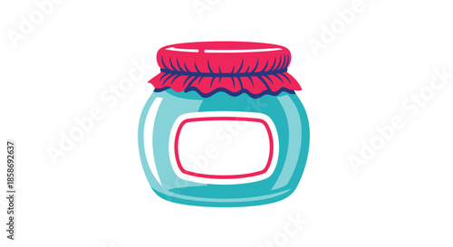 Charming blue glass jar with a ruffled red lid and a blank white label with a pink border on a white background.