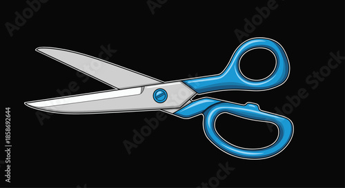 Pair of sharp metal scissors with bright blue ergonomic plastic handles shown in an open position on a black background.