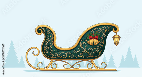 Ornate Christmas sleigh in dark green with golden filigree patterns, red bows, jingling bells, and a hanging lantern.