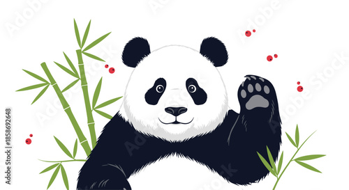 Friendly giant panda character waving its paw surrounded by green bamboo stalks and small red berries on a white background.