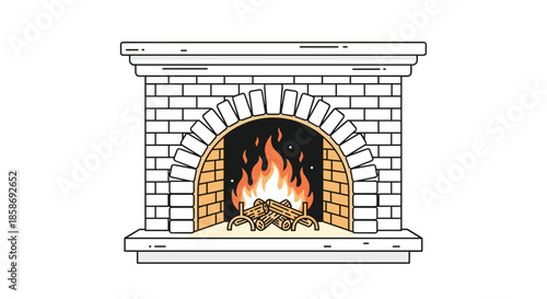 Cozy brick fireplace with a roaring orange fire burning on wooden logs under a classic white mantelpiece illustration.