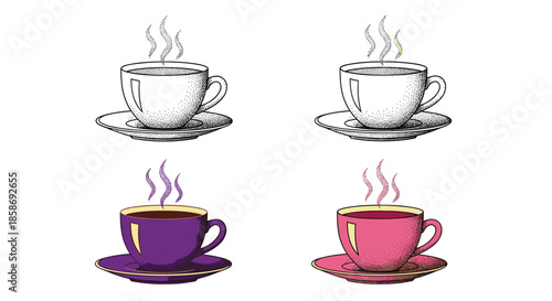 Collection of four steaming cups of coffee or tea presented in various styles including stippled line art and solid colors.