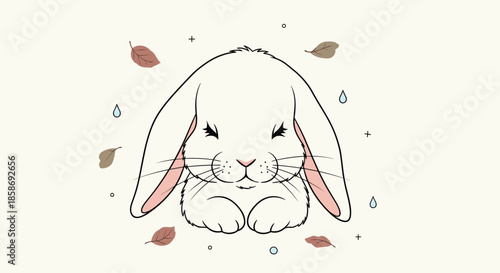 Adorable white bunny rabbit with pink ears and closed eyes surrounded by falling autumn leaves and tiny water droplets.