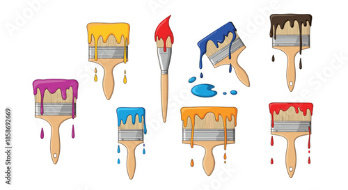 Collection of eight paint brushes in various sizes dripping with vibrant colors of paint including red, blue, and yellow.
