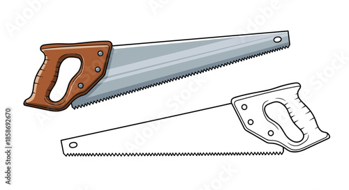 Pair of traditional handsaws with brown handles and serrated metal blades shown in color and as a black and white outline drawing.