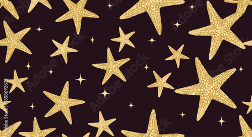 Seamless background pattern featuring numerous golden starfishes and tiny stars scattered across a dark burgundy night sky.