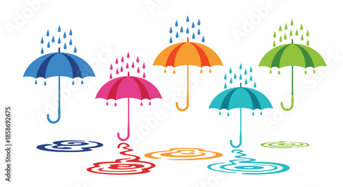 Group of five colorful umbrellas in shades of blue, pink, orange, and green under falling rain with matching puddles.