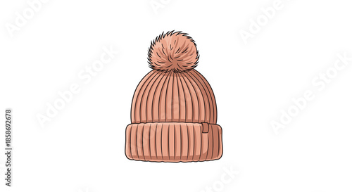 Pink knitted winter hat with a large fluffy pompom and ribbed texture shown in a detailed vector illustration for cold weather.